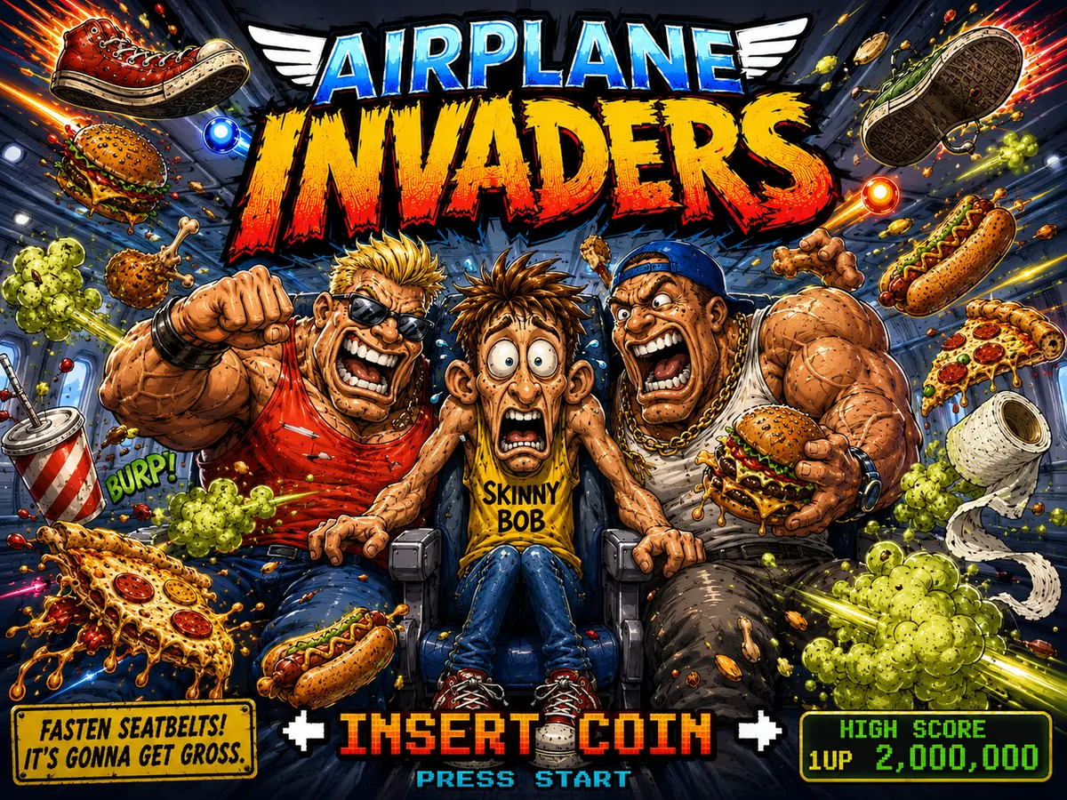 Concept art of Skinny Bob trapped in a middle airplane seat between Gerald and Dennis while arms, food and green gas invade from both sides